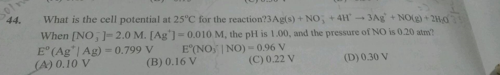 Question image for What is the cell potential at 25C for the reactio